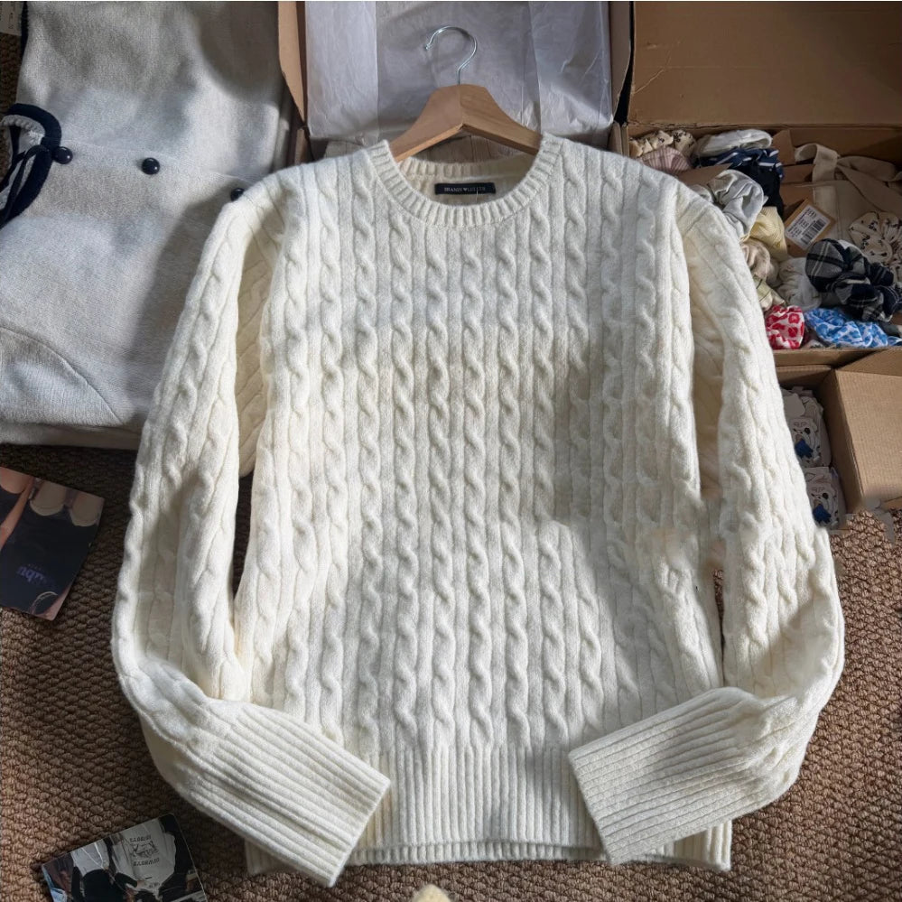 Beige Twisit O-neck Knitted Sweater Women Autumn New Casual Loose Long Sleeve Pullover Tops Simple Preppy Style Jumper Sweaters