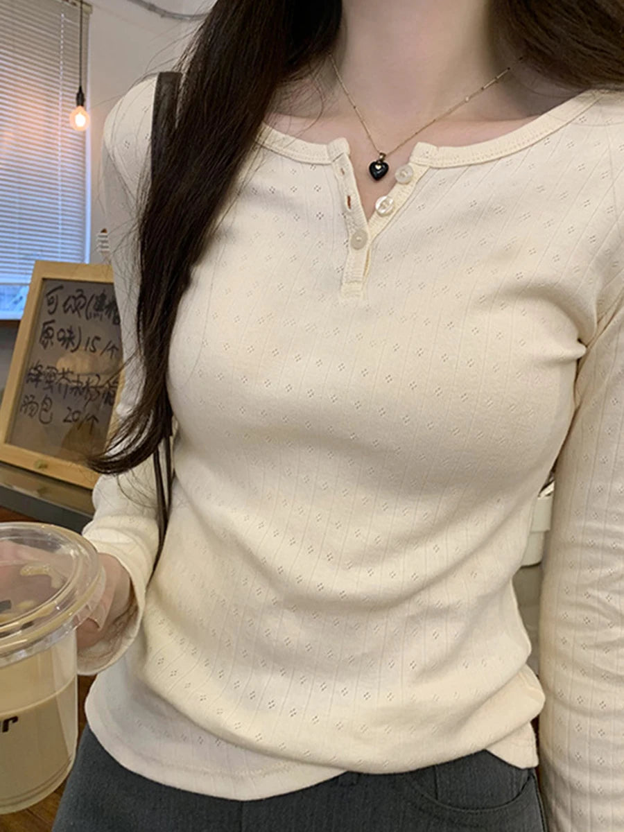 Navy Eyelet Long Sleeve T-Shirt Autumn Three Buttons O-Neck Simple Slim Tee Top for Women Sweet Cute Basic Tshirt Y2k Tops New