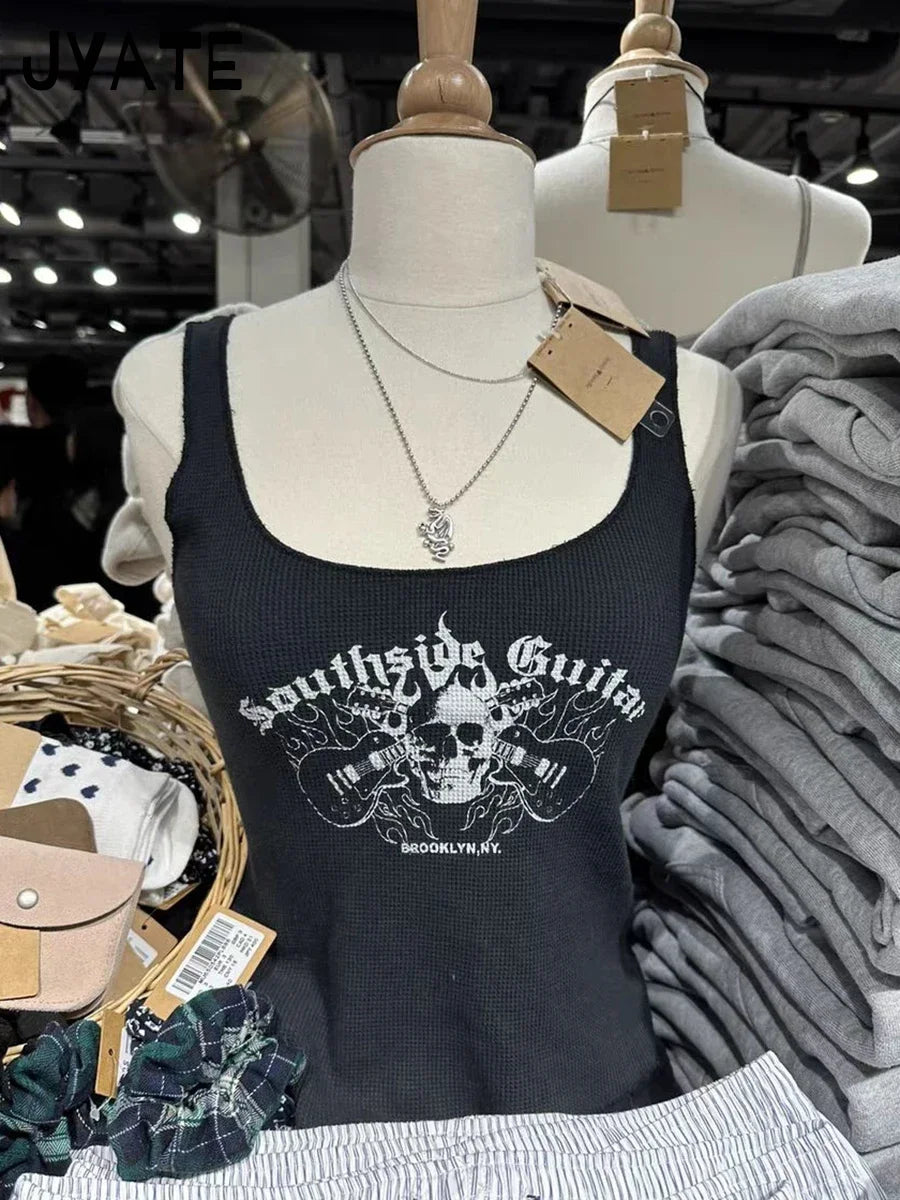 Fashion Skull Graphic Print Waffle Tank Tops Women New Casual Preppy Style Slim Sleeveless Vests Harajuku Vintage Chic Camis Y2K