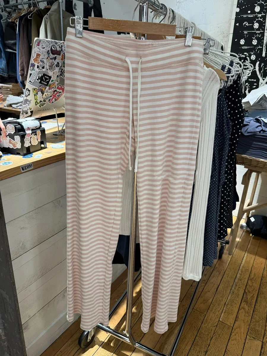 Sweet Pink Striped Drawstring Wide Leg Pants Women Autumn Cotton Soft High Waist Casual Sweatpant Chic Preppy Style Y2K Trousers