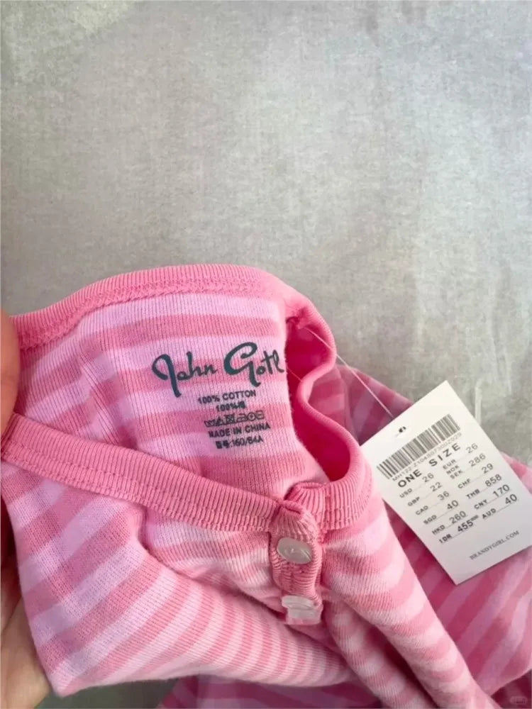 Sweet Button Long Sleeve Tees Women Spring New Cotton Rose Pink Striped Slim Zelly Tops Simple Chic Preppy Style T-shirts