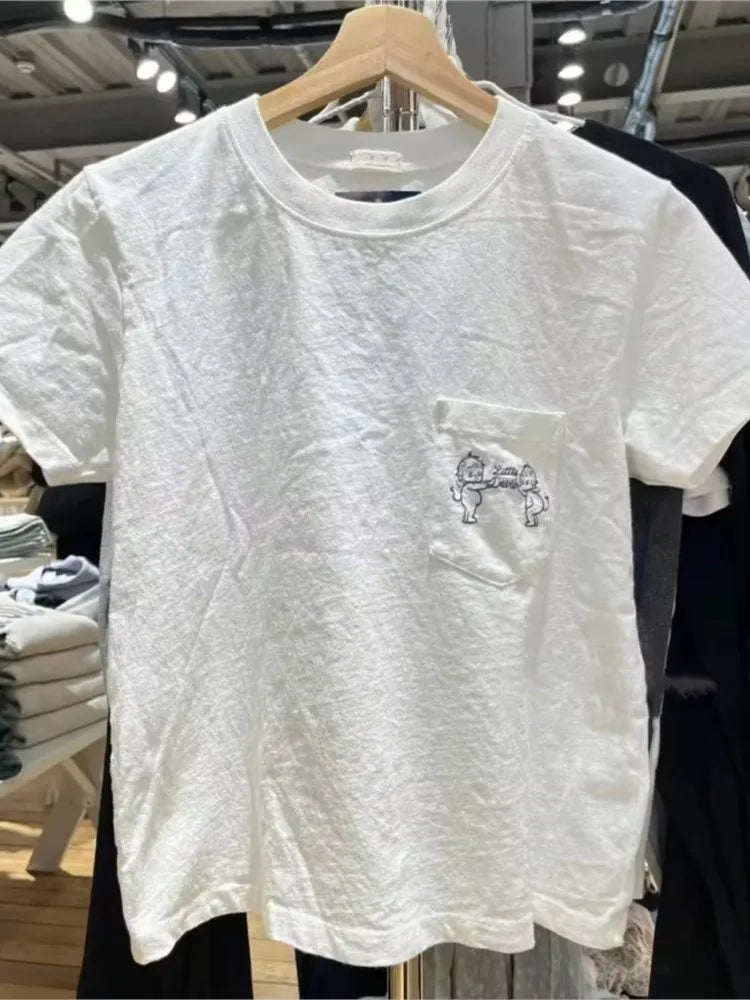 Angel Embroidery Pocket T-shirts Women Summer Casual Streetwear Cotton O-neck Short Sleeve Tees Sweet Cute Preppy Style Tshirts