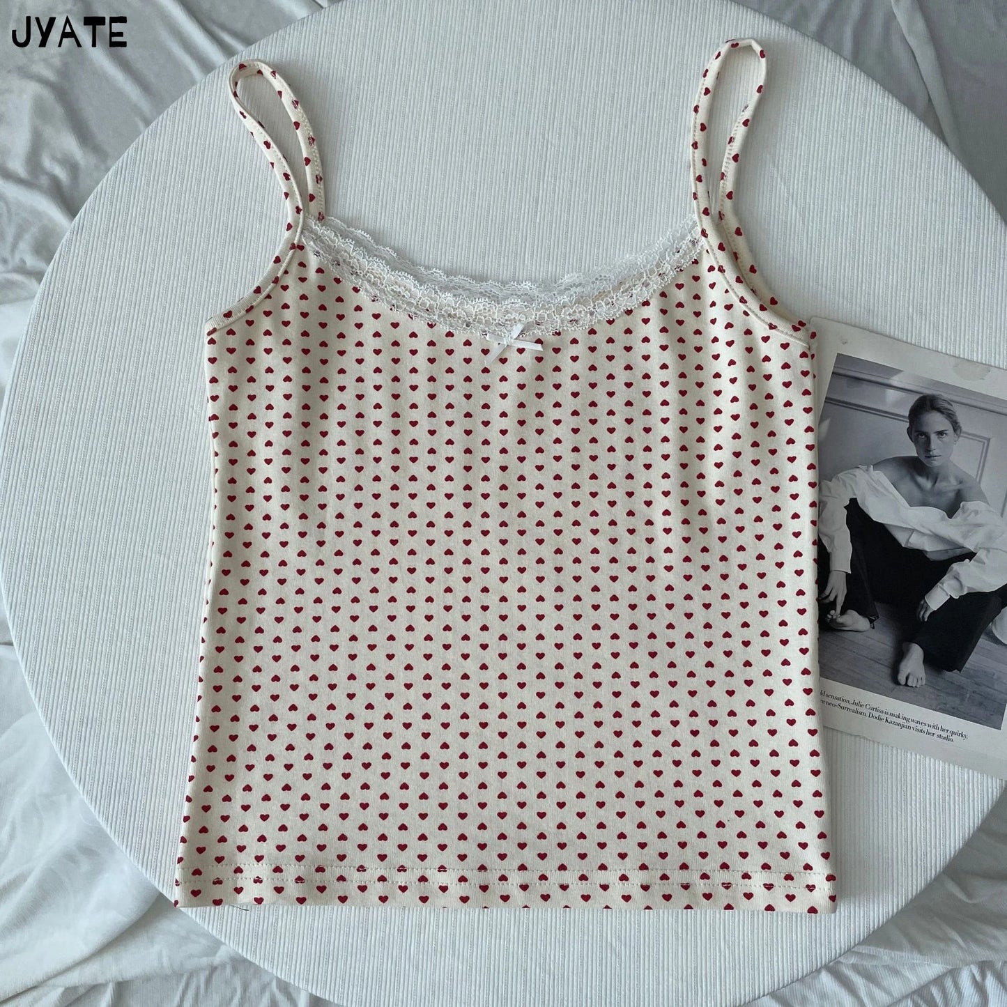Cute Print Lace Trim Bow Tank Tops Women Cotton Casual Slim Sleeveless Crop Top Female Sweet Preppy Style Camisole Y2K Clothes