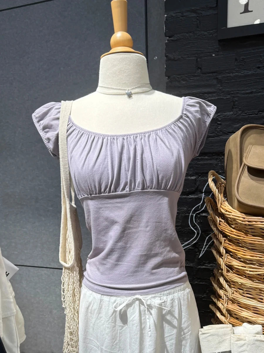 Purple Ruffle Slim Short Sleeve Tee Women Summer Square Collar Cotton Mesh Folds T-shirts Female Aesthetic Sweet Cute Y2K Tops