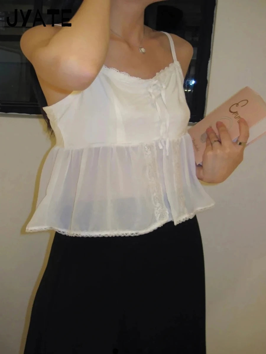 White Sheer Mesh Lace-up Camisole Women New Lace Trim Patchwork Bow Cute Cropped Vests Sweet Preppy Style Blouse Tank Tops Y2K