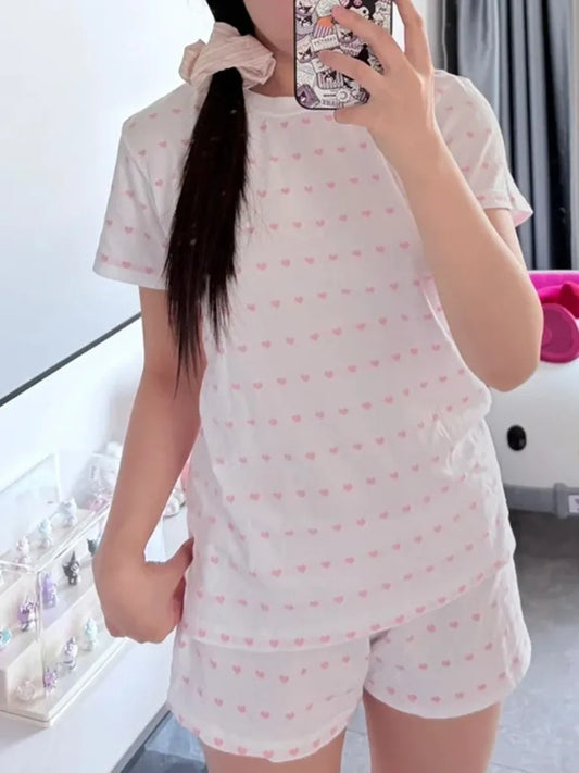 Pink Heart Print T-shirt Shorts Sets Women Cotton O-neck Slim Tees +Buttons Straight Sweatshort Sweet Cute Home 2 Pieces Outfits
