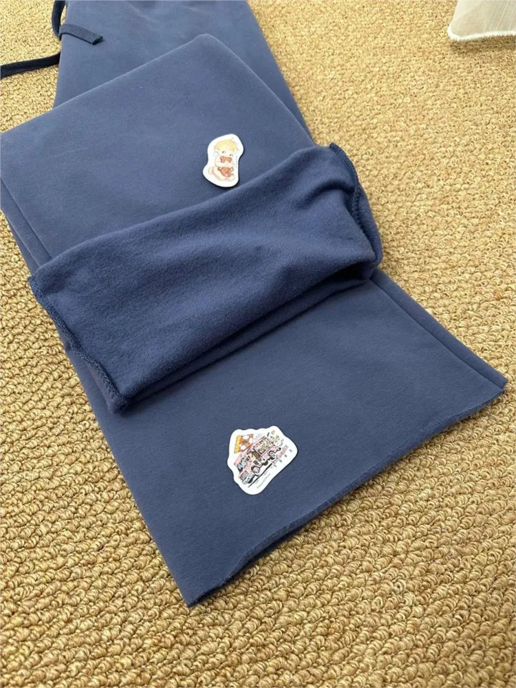 Navy Velvet Drawstring Sweatpants Woman Spring Raw Hem Straight Yoga Long Pants Female Vintage Streetwear Cotton Fleece Trousers