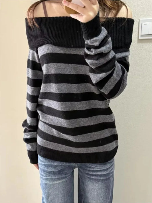 Slash Neck Striped Sweaters for Woman Spring Black Grey Long Sleeve Knitted Pullover Top Casual Vintage Preppy Style Jumper