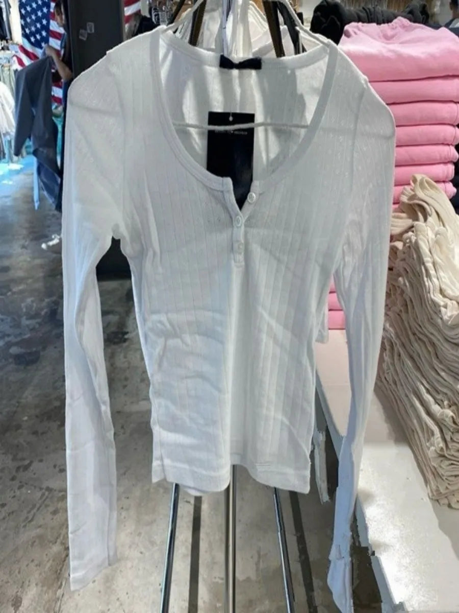 Six Button Eyelet White Long Sleeve Tees Women Y2K Cotton Casual Slim Single Breasted Smock Tops Sweet Simple Basic T-shirts New