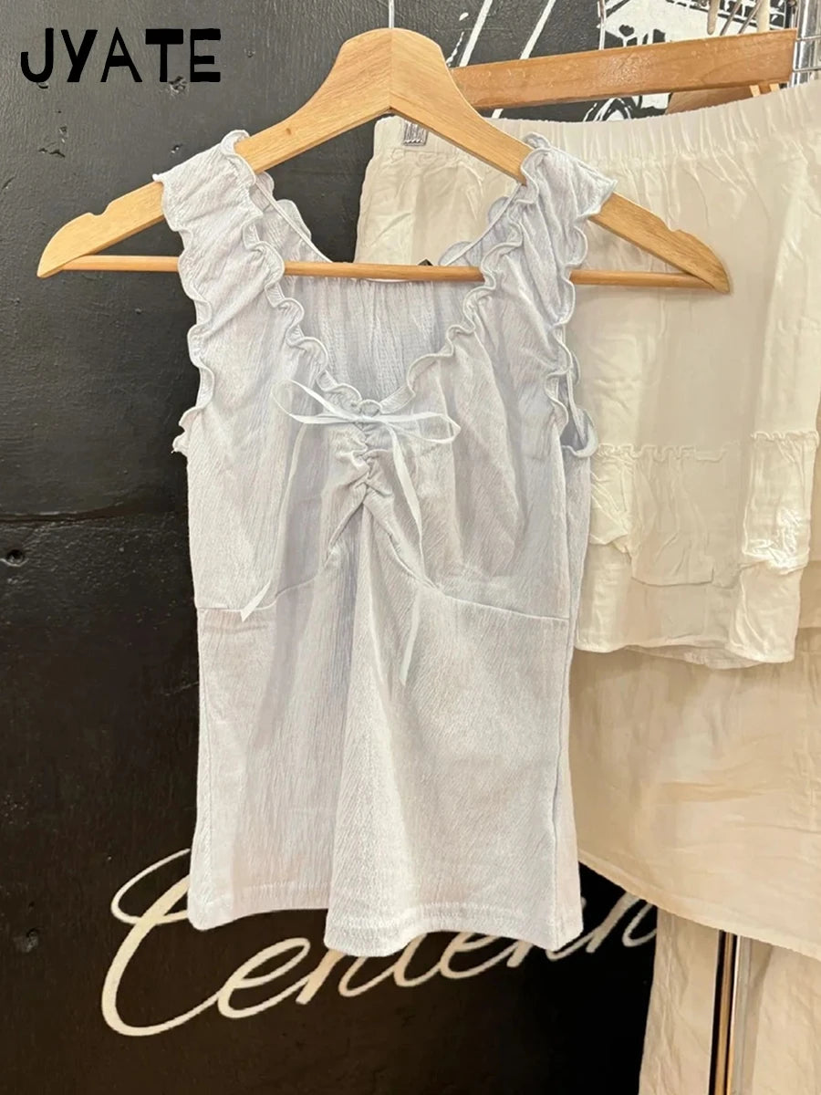 Sweet Blue Ruffles V-neck Cropped Vests Women Summer Casual Slim Folds Bow Sleeveless Tank Tops Sweet Preppy Style Camisole Y2K