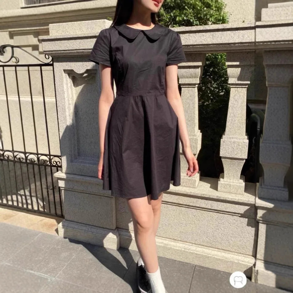 Sweet White Summer Women Dress Cotton Blend Lapel Puff Sleeve Academic Style Short Dress Chic Waist Tied A-line Tutu Dress New