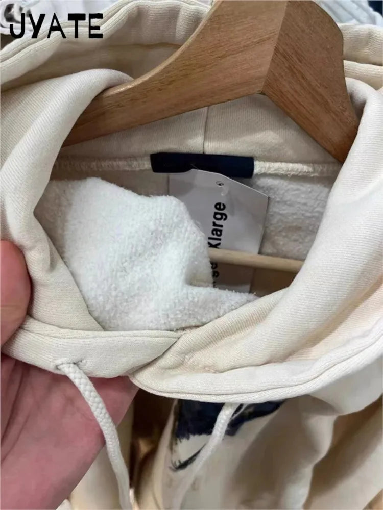 New Sweet Cute Little Bear Embroidery Beige Loose Hoodies Women Pocket Streetwear Cotton Pullover Tops Vintage Chic Sweatshirts