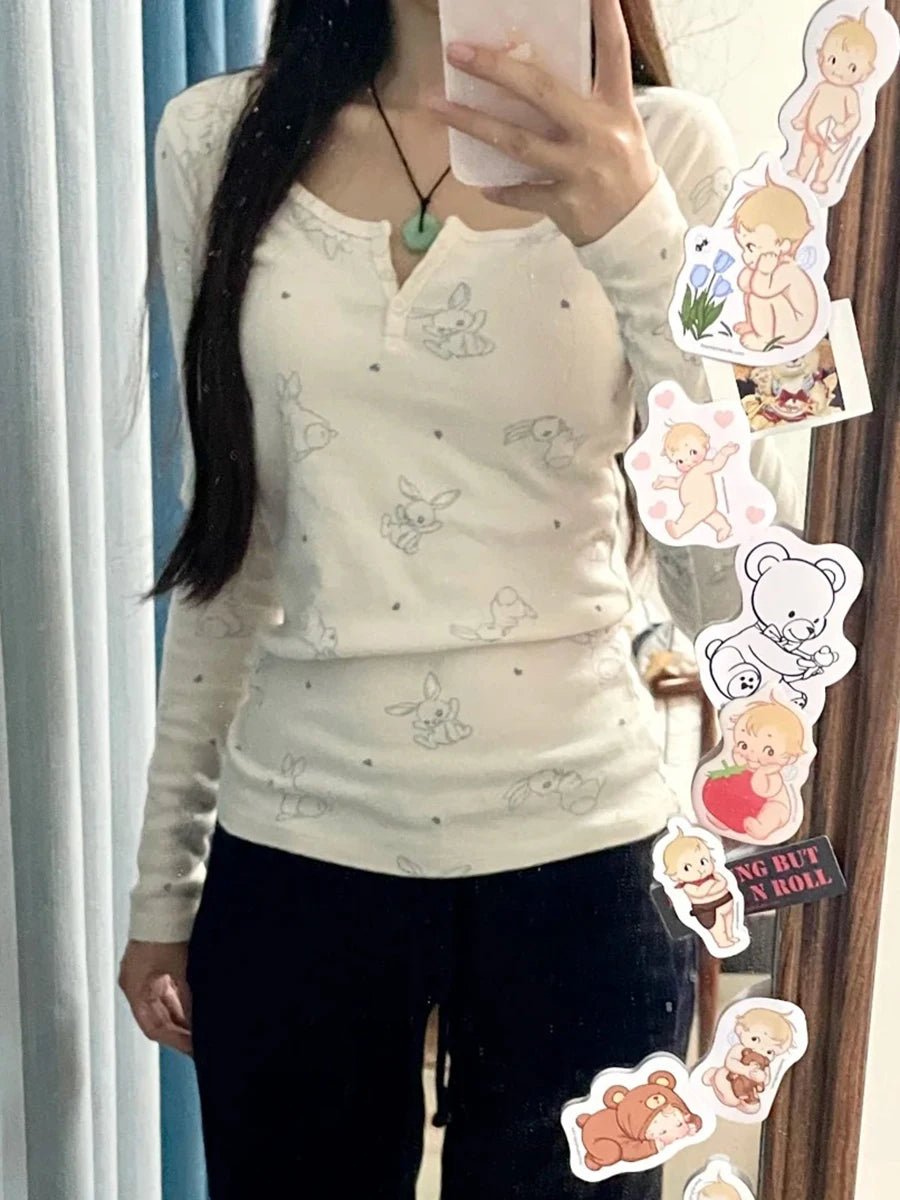 Cute Rabbits Print Button Long Sleeve Tops Women New Cotton Slim Casual Preppy Style Tee Shirt Vintage Sweet Pajama T-shirts Y2K
