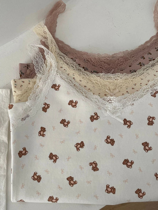 Floral Bow Lace Trim Crop Tops Women Summer Preppy Style Sleeveless Slim Cotton Tank Top Sweet Cute Vintage Camisole Clothes