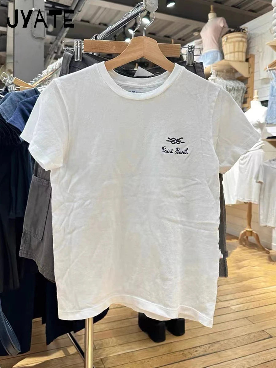 New Cute Little Girl Embroidery T-shirt Woman O-Neck Slim Short Sleeve Cotton Tees Tops Spring Casual Sweet Y2K Tshirts