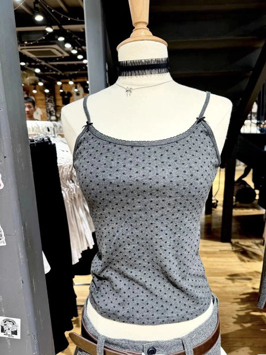 New Dot Lace Trim Slim Tank Tops Women Summer Casual Bow Strap Sleeveless Cotton Camisole Vintage Streetwear Sweet Y2K Crop Top
