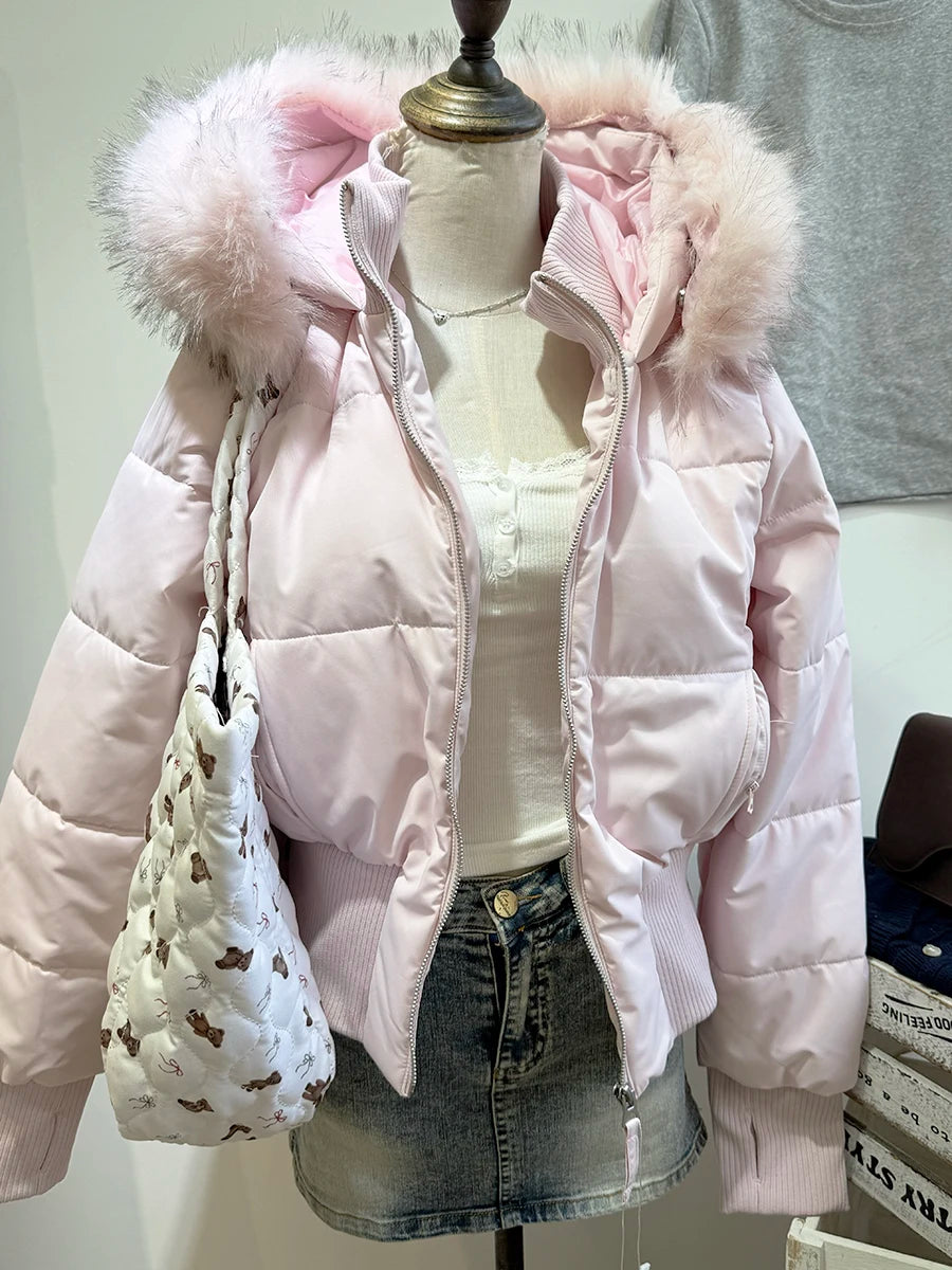 Pink Fur Collar Detachable Hooded Cotton Jacket for Women Winter Slim Fit Versatile Sweet American Warm Cotton Coat Y2K Tops New