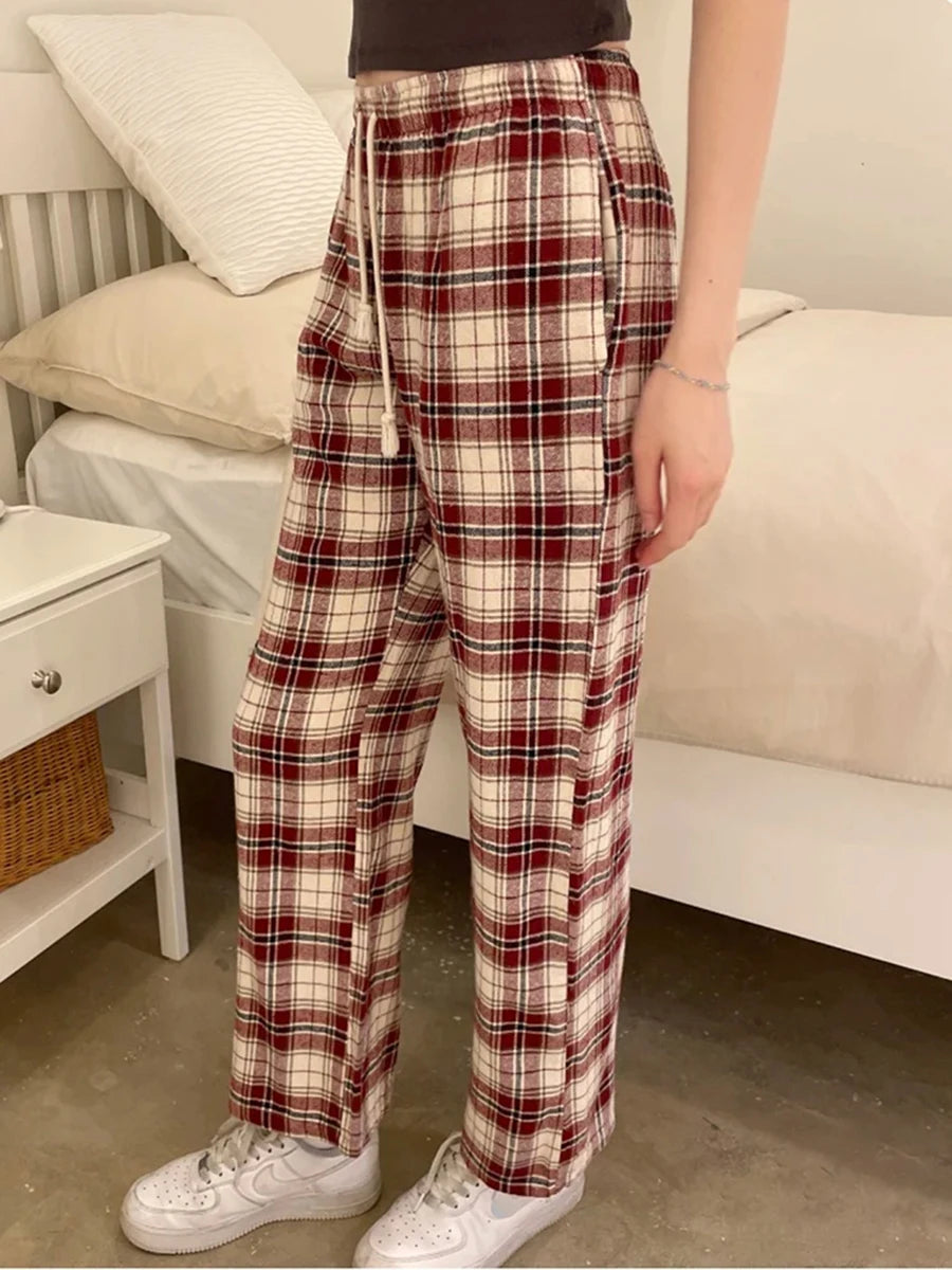 Retro Red Plaid Drawstring Straight Pants Women Autumn Cotton Casual Elastic High Waist Pant Vintage Loose Y2K Baggy Sweatpants
