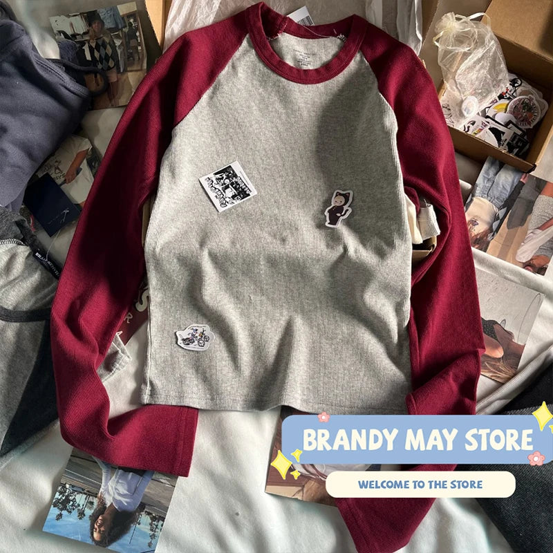 Retro Patchwork Ribbed T-shirt Women Autumn Casual O-Neck Cotton Long Sleeve Tee Shirt Vintage Streetwear Chic T Shirt Y2K Tops