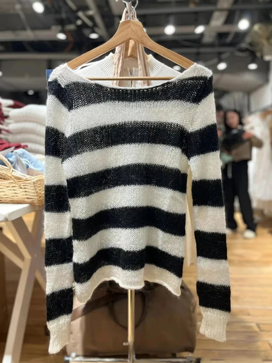 Vintage Striped Hollow Out Mohair Long Sleeve T-Shirt Women Sweetwear Scoop Neck Cotton Thin Smock Sweet Cute Tee Shirt Tops Y2K