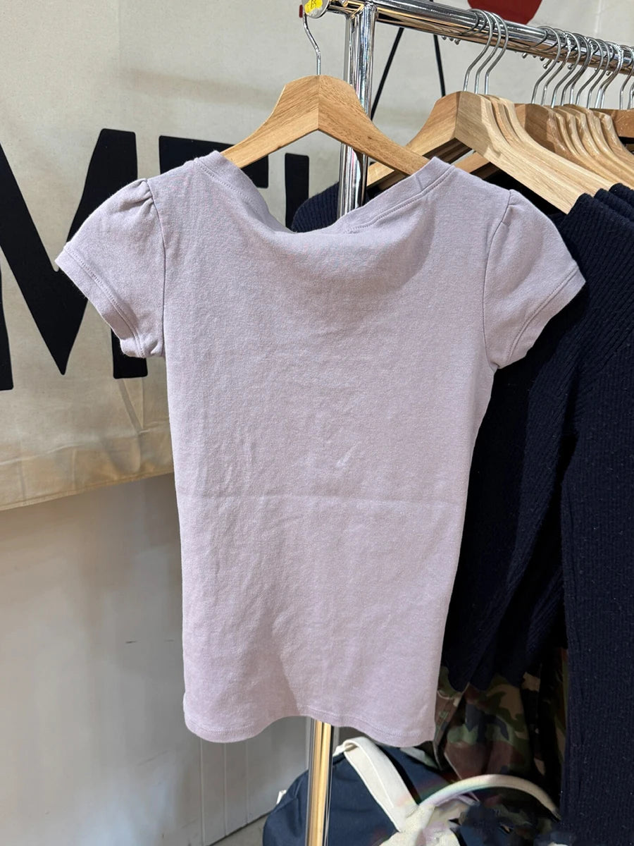 Purple Folds V-neck Slim Tshirts Women Summer Casual Streetwear Chic Cotton Short Sleeve Tees Sweet Cute Simple Basic Tshirt Y2K