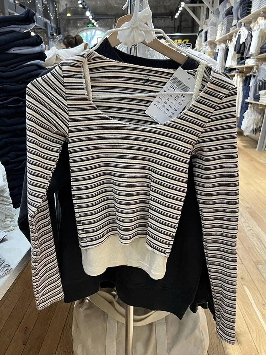 Striped Slim Sexy Cotton Long Sleeve Tees Women Casual Square Neck Streetwear Tops Female Vintage Chic Sweet Cute T-shirts Y2K