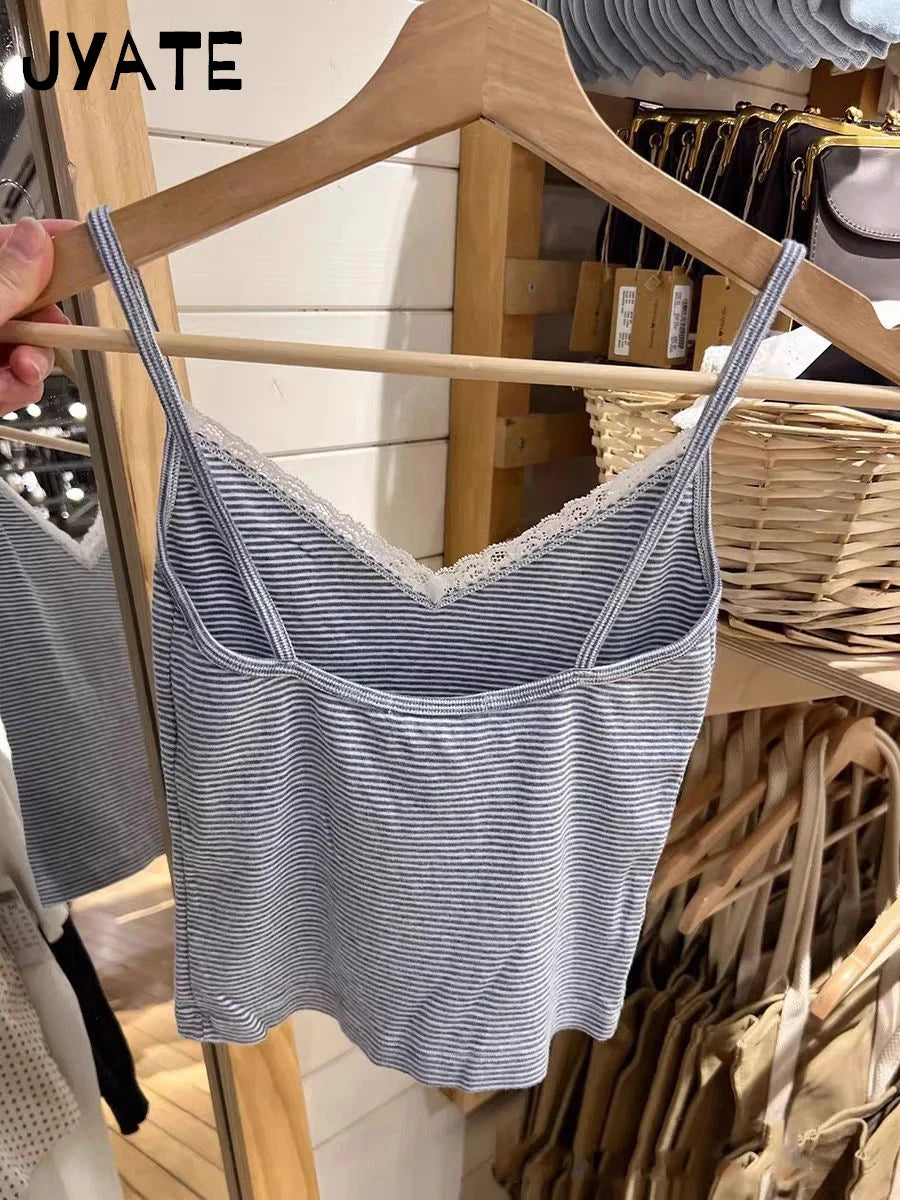 Sexy Lace Trim Cotton V-neck Camisole Women Summer New Blue Striped Casual Slim Sleeveless Vest Sweet Vintage Chic Tank Tops Y2K