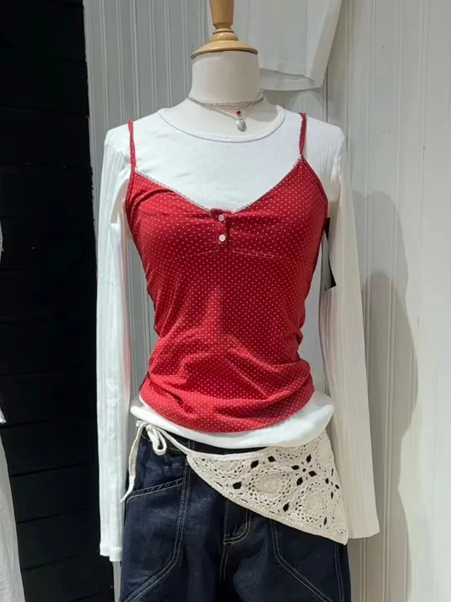 Red Polka Dot Two Button Cotton Tank Top Women New Casual Slim Sexy Lace Trim Cropped Vests Female Vintage Simple Chic Camis Y2K