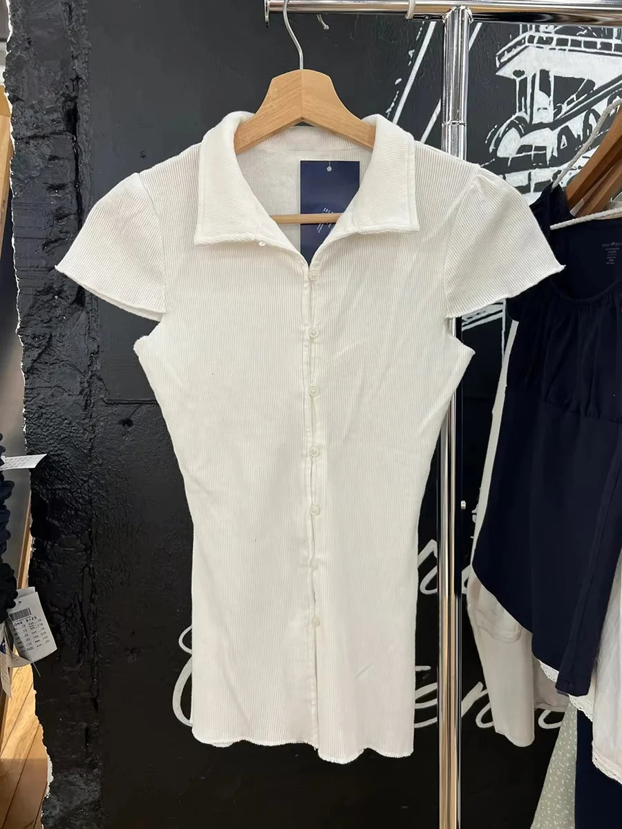 Sweet Pockets White Textured Blouse Women Turndown Collar Single Breasted Short Sleeve Shirts Tops Vintage Sweet Y2K Blouses New