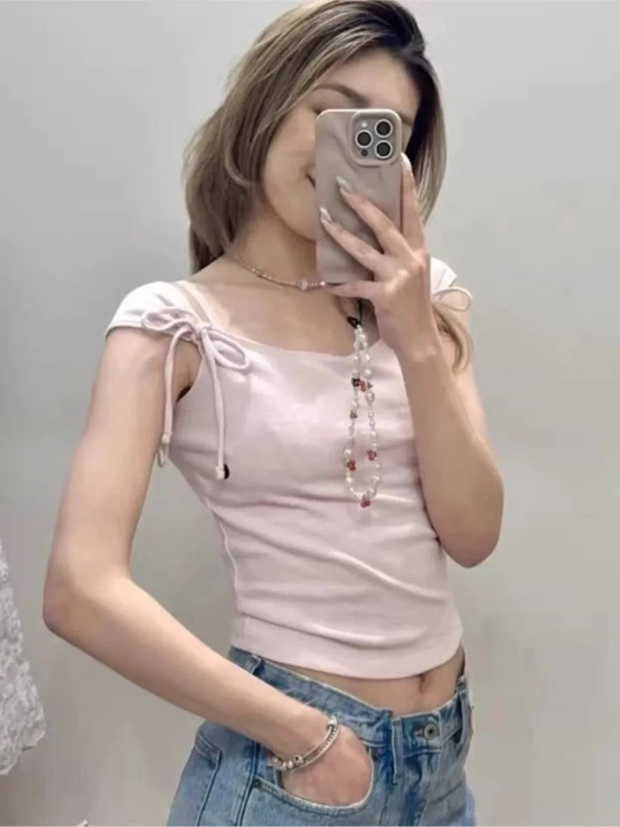 Bow Lace-up Cotton Short Sleeve Tee Women Slim Streetwear Casual  Square Collar Crop Tops Sweet Cute Preppy Style Top Y2K Tshirt