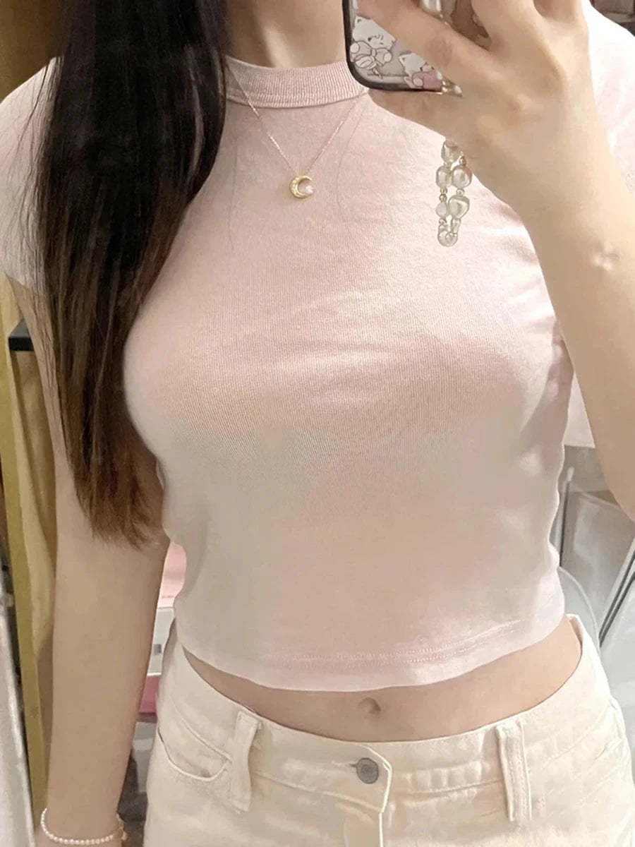 Pink Sweet Cotton Slim Crop Tops Women Summer New Casual O-neck Solid Short Sleeve Tees Female Cute Simple Basic Y2K T-shirts