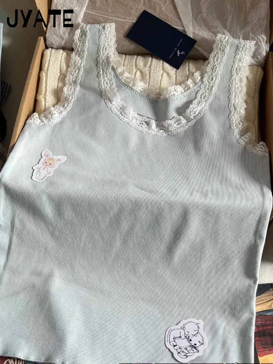 New Sweet Blue Lace Trim Tank Tops Women Summer Cotton Slim Sexy Simple Sleeveless Vests Harajuku Vintage Cute Camis Y2K Clothes