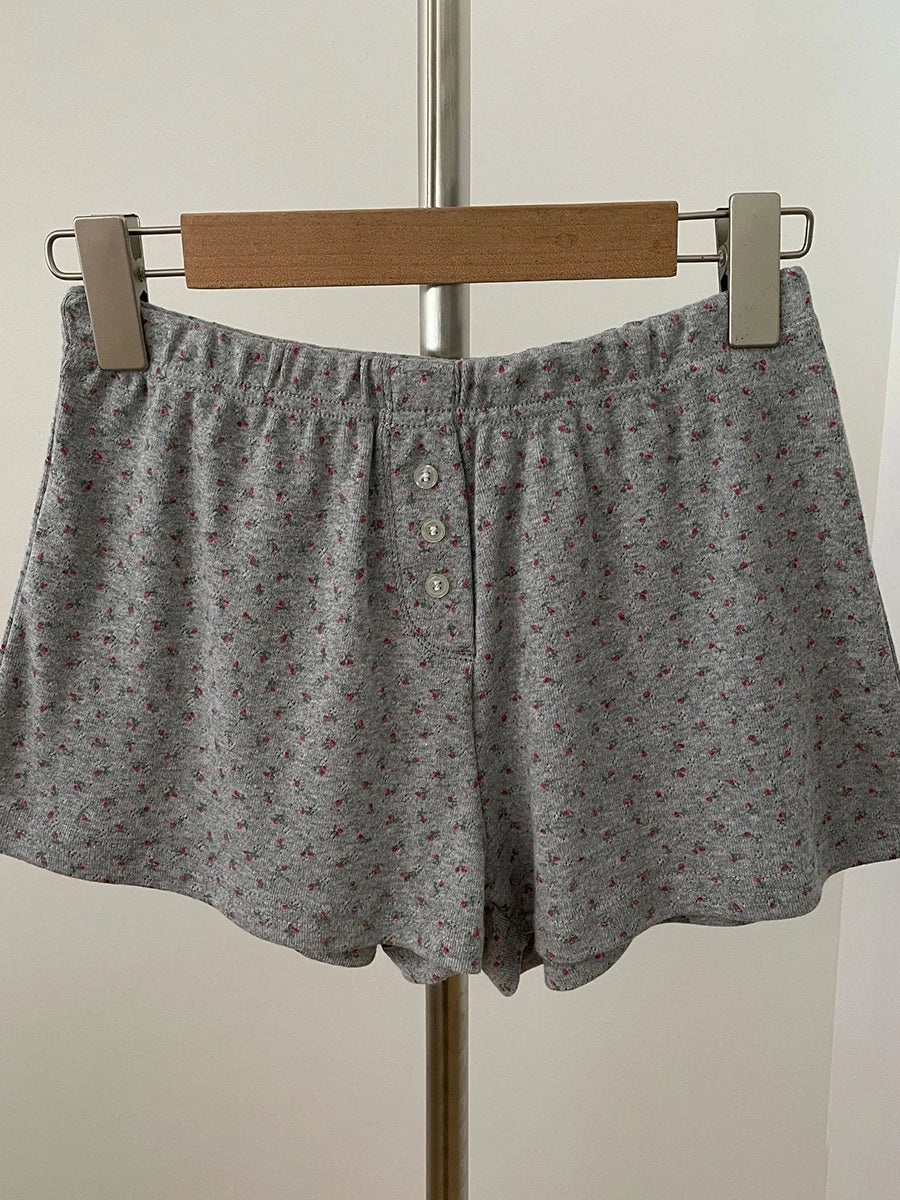 Sweet Eyelet Floral Print Short Pants Women Three Buttons High Waist Straight Home Cozy Underwear Casual Cute Cotton Shorts Y2K