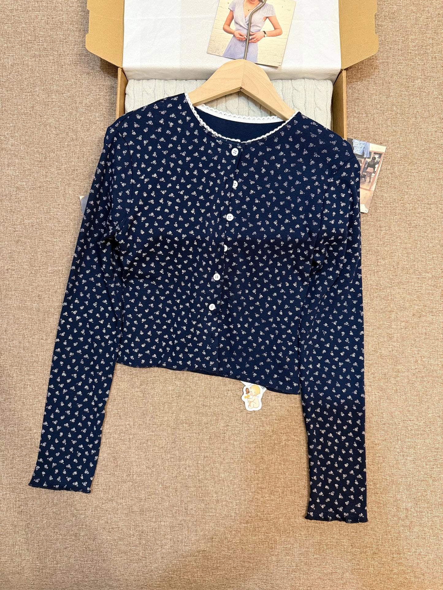 Floral Print Lace Trim Navy T-shirts Cardigan Women Autumn Single Breasted Cotton Long Sleeve Tees Sweet Cute Preppy Style Tops