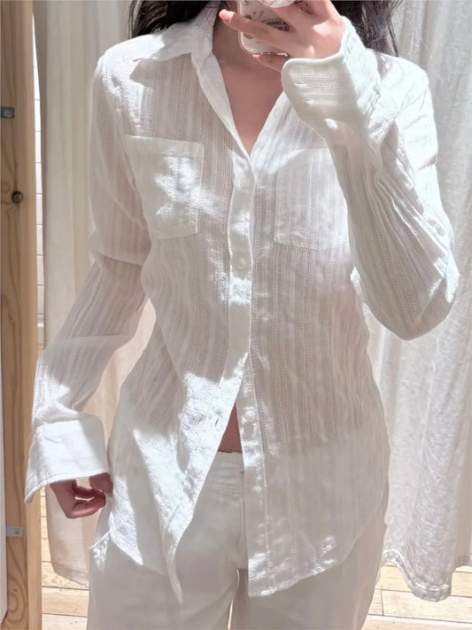 White Cotton Linen Collar Buttons Blouse T-shirts Women Slim Casual Long Sleeve Tees Girls Sweet Cute Preppy Style Y2K Crop Tops