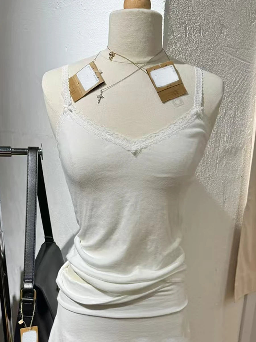 White Lace Trim Sleeveless Tank Tops Women Casual Soft Cotton V-neck Slim  Cropped Vests Vintage Sweet Cute Preppy Style  Camis