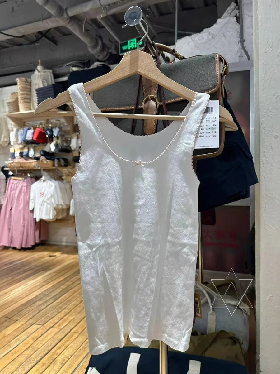 White Lace Trim Slim Tank Tops Women New Casual Cotton Soft Pink BowU-neck Sleeveless Vests Sweet Cute Preppy Style Camis Y2K