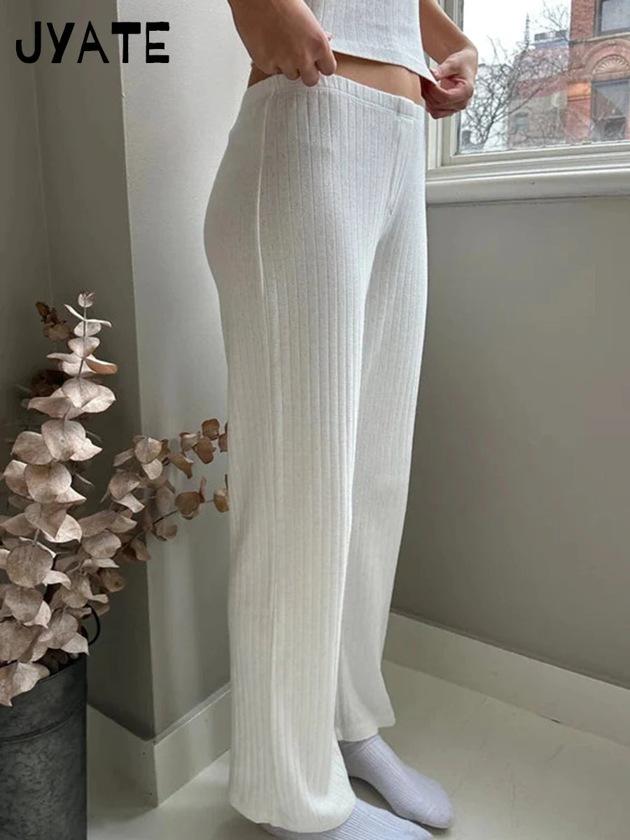 White Eyelet Straight Long Pants Women 2024 New Cotton Soft Casual Button High Waist Trousers Sweet Cute Vintage Pajama Pant Y2K