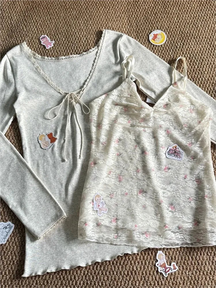 Sweet Lace Trim Long Sleeve Tees Women Casual Simple V-neck Lace-up Cotton Slim Tshirts Female Cute Preppy Style Chic T-shirts