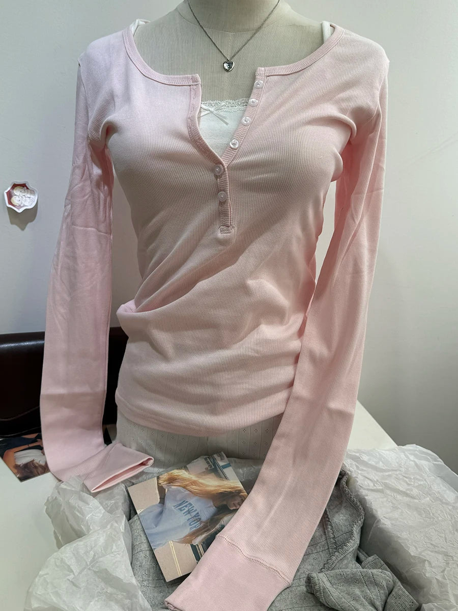 Navy Six ButtonsT-shirts Women Autumn New Round Neck Cotton Ribbed Slim  Long Sleeve Tee Top Casual Vintage Chic Tshirt Y2k Tops