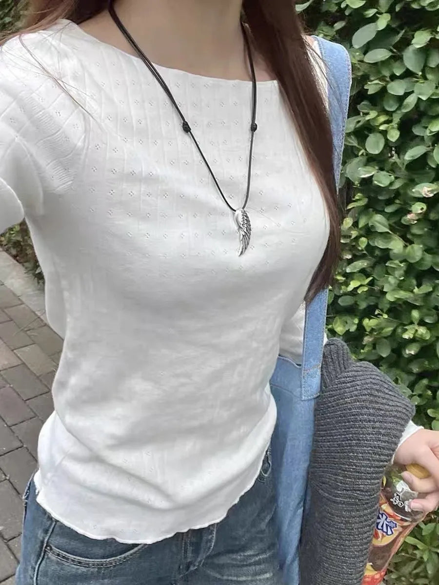 Simple White Hollow Out Slim T-shirts Women Cotton Raw Trim Crew Neck Long Sleeve Tops Clothes Vintage Chic Sweet Tees Clothes