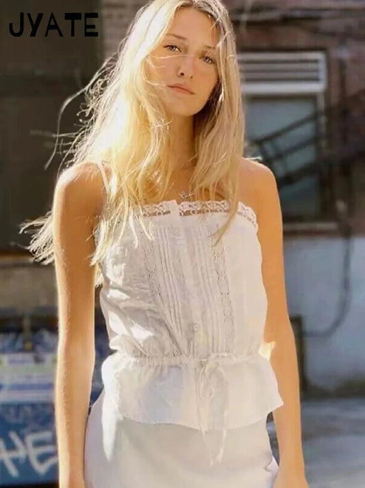 Sweet Lace Trim White Strap Tank Tops Women Cotton Casual Patchwork Preppy Style Sleeveless Vests Cute Chic Vintage Camisole Y2K