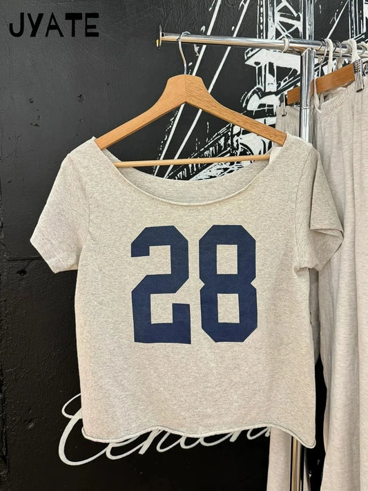28 Print Slash Neck T-shirts Women Summer New Cotton Soft Gray Raw Hem Short Sleeve Crop Tops Vintage Chic Streetwear Tshirt Y2K