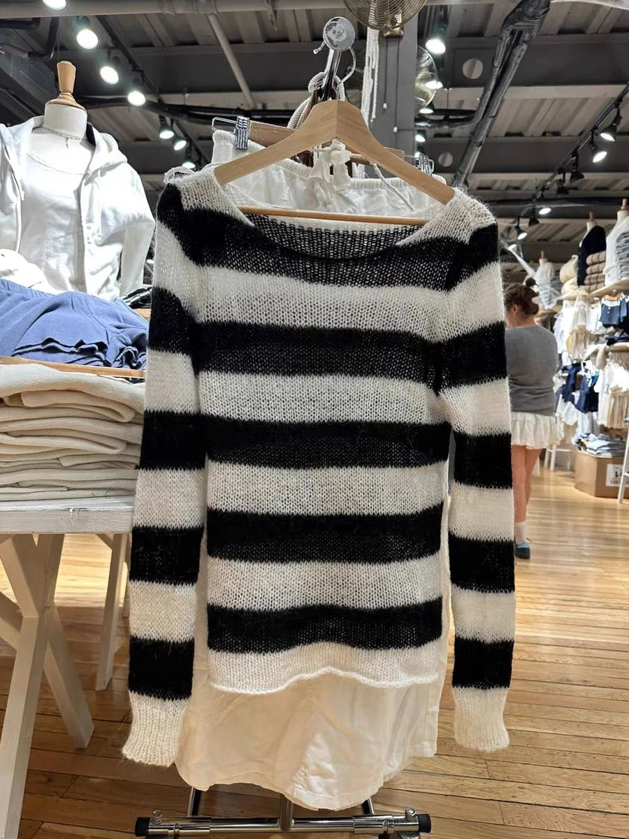 New Striped Knitted Long Sleeve Woman Scoop Neck Cotton Thin Smock Autumn Casual Vintage Streetwear Tee Shirts Y2k Tops Clothes