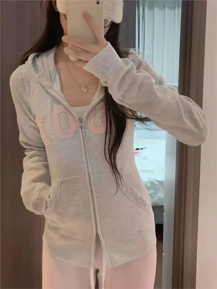 Patchwork Sweet Zipper Hoodies Women Autumn Casual Pockets Drawstring Hoodie Tops Vintage Loose Preppy Style Sweatshirts Coat