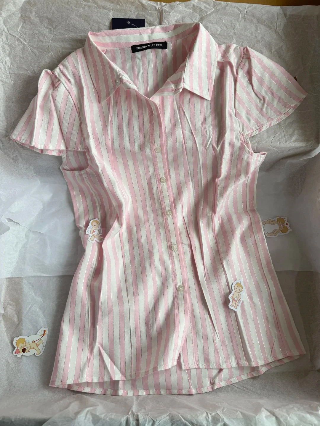 Pink Striped Silver Line Blouse Sets Women Lace Trim Casual Camisole+Drawstring Short Pants Sweet Cute Home Outfits Collection