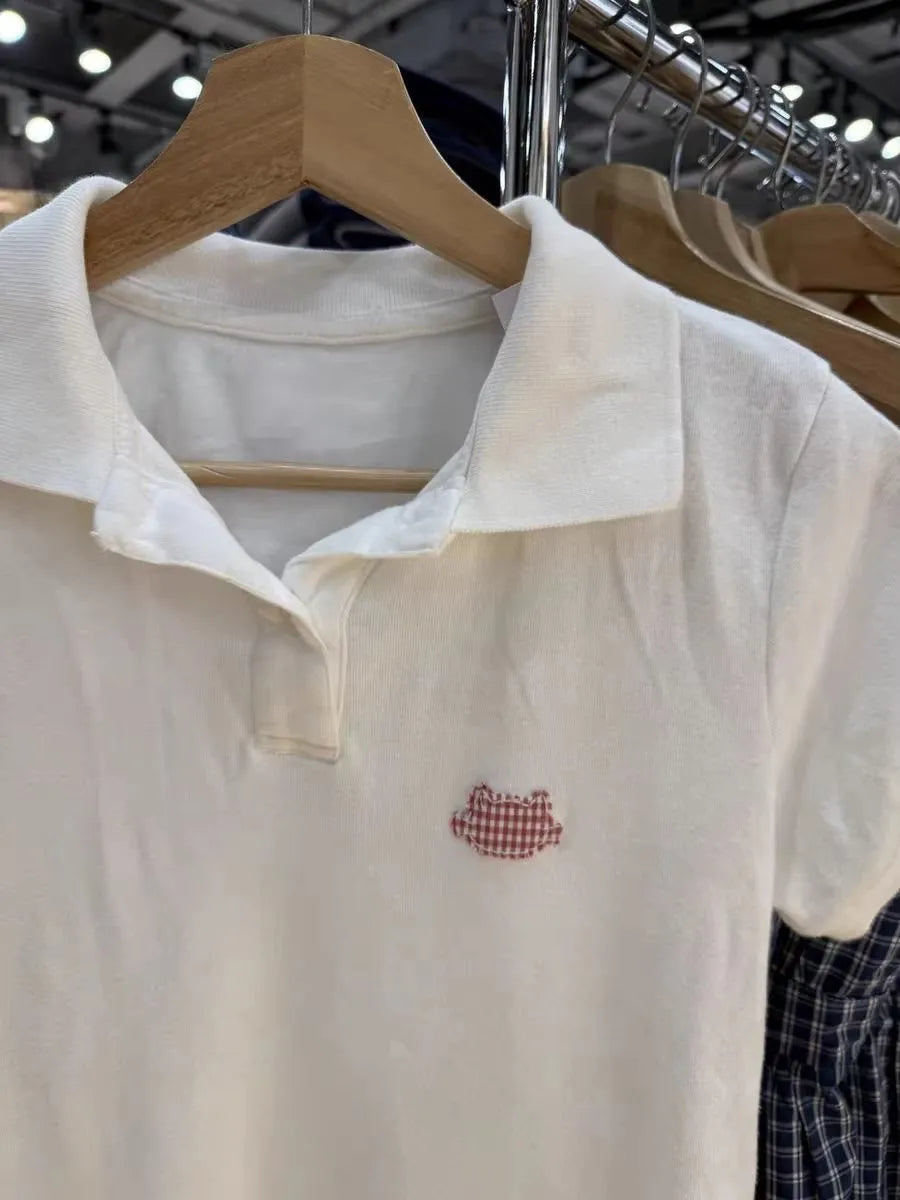 Cute Cat Plaid Polo T-shirt Women Summer New Strweetwear Cotton Turn Down Collar Short Sleeve Tees Sweet Preppy Style T Shirt