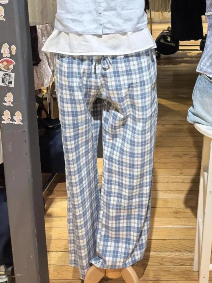 Plaid Drawstring Straight Pants Women Streetwear Casual Loose Elastic High Waist Pant Vintage Preppy Style Baggy Sweatpants Y2K
