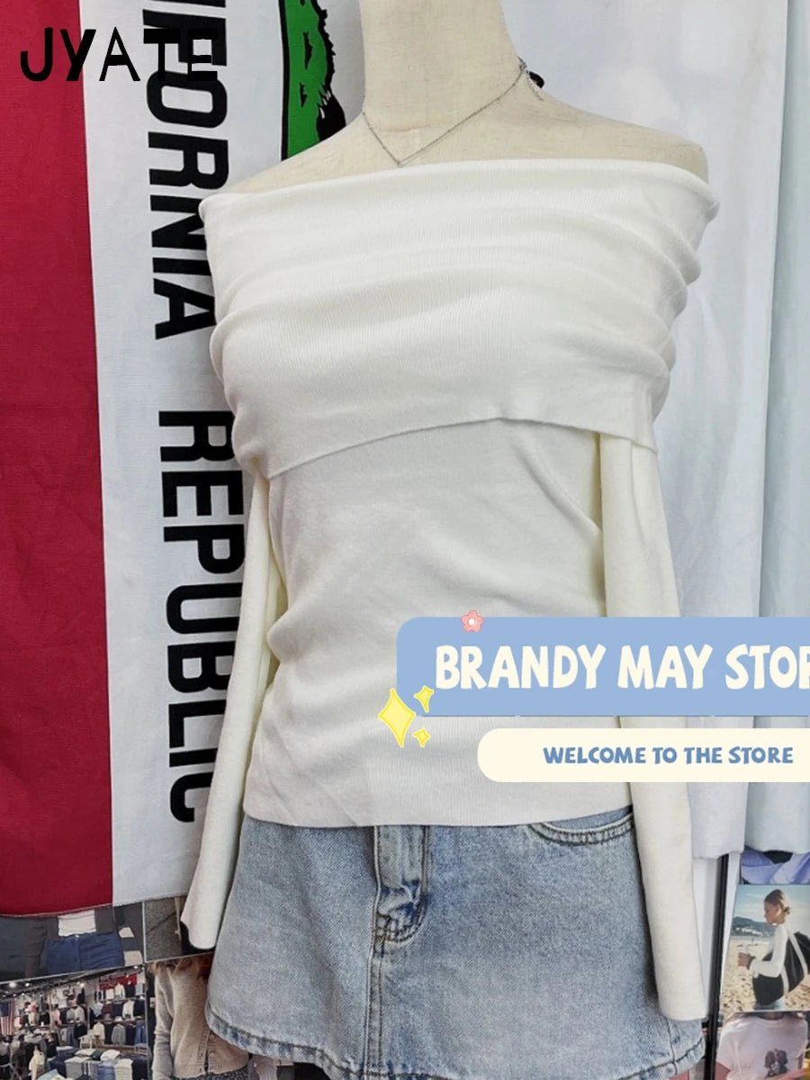 Sexy Slash Neck White Long Sleeve Tees Women New Cotton Casual Simple Folds Slim Tops Femme Sweet Streetwear Chic T-shirts Y2K