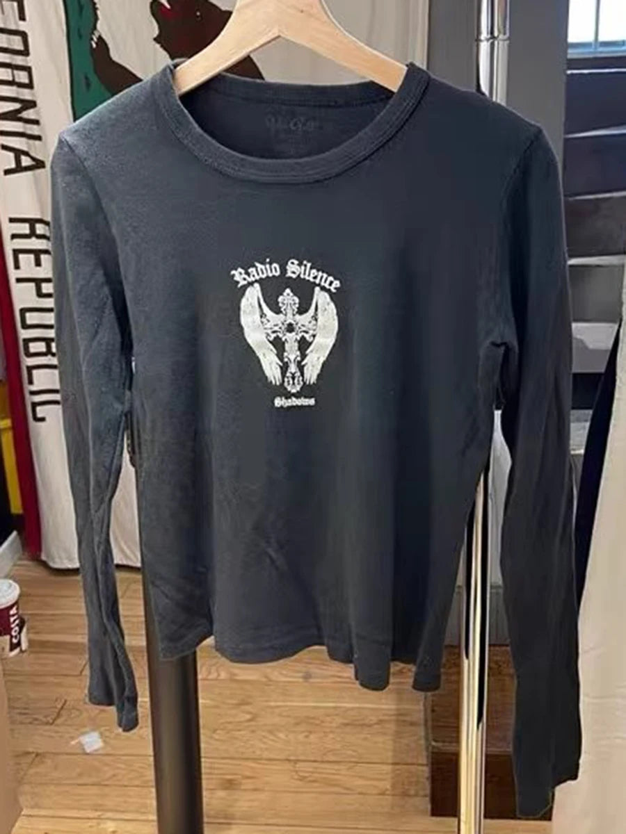Wings Graphic Print Long Sleeve Tees Women Harajuku Casual Slim O-neck Cotton Soft Tops Clothes Vintage Chic Black Y2K T-shirts